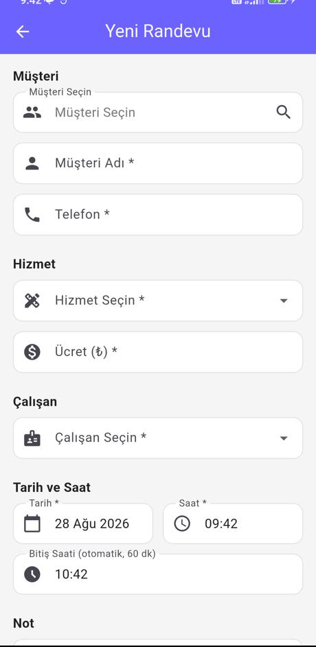 Yeni randevu ekranı