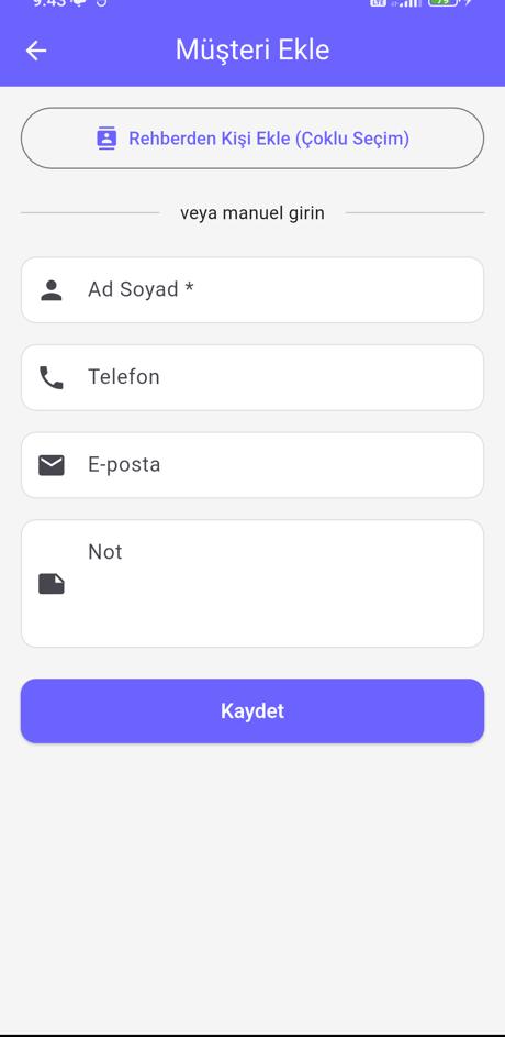 Müşteri ekleme ekranı